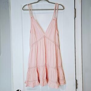 Honorine Pink Tiered Mini Dress Cotton Crochet Lace V Neck Strappy S